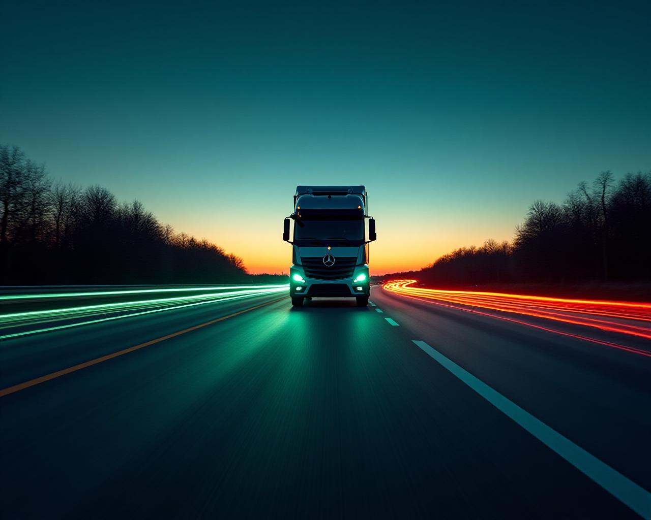 Modern logistics fleet on a major highway at dusk with light trails