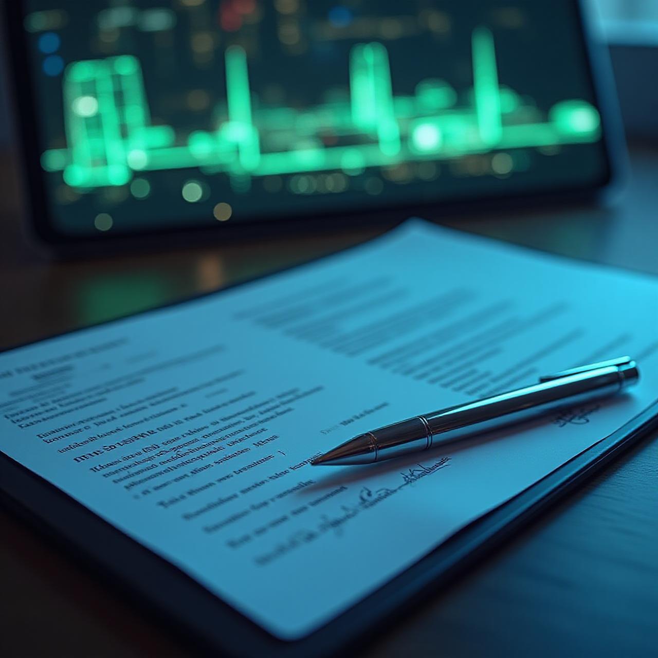 Close up of legal documents on a dark wooden desk with a modern warehouse in the background