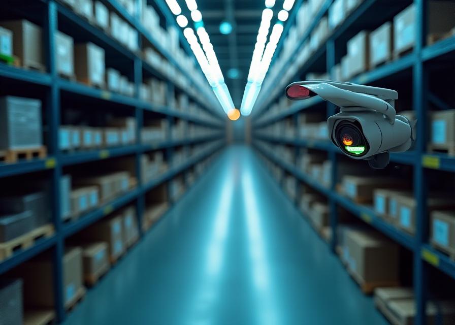 Interior of a highly organized logistics hub with advanced security cameras