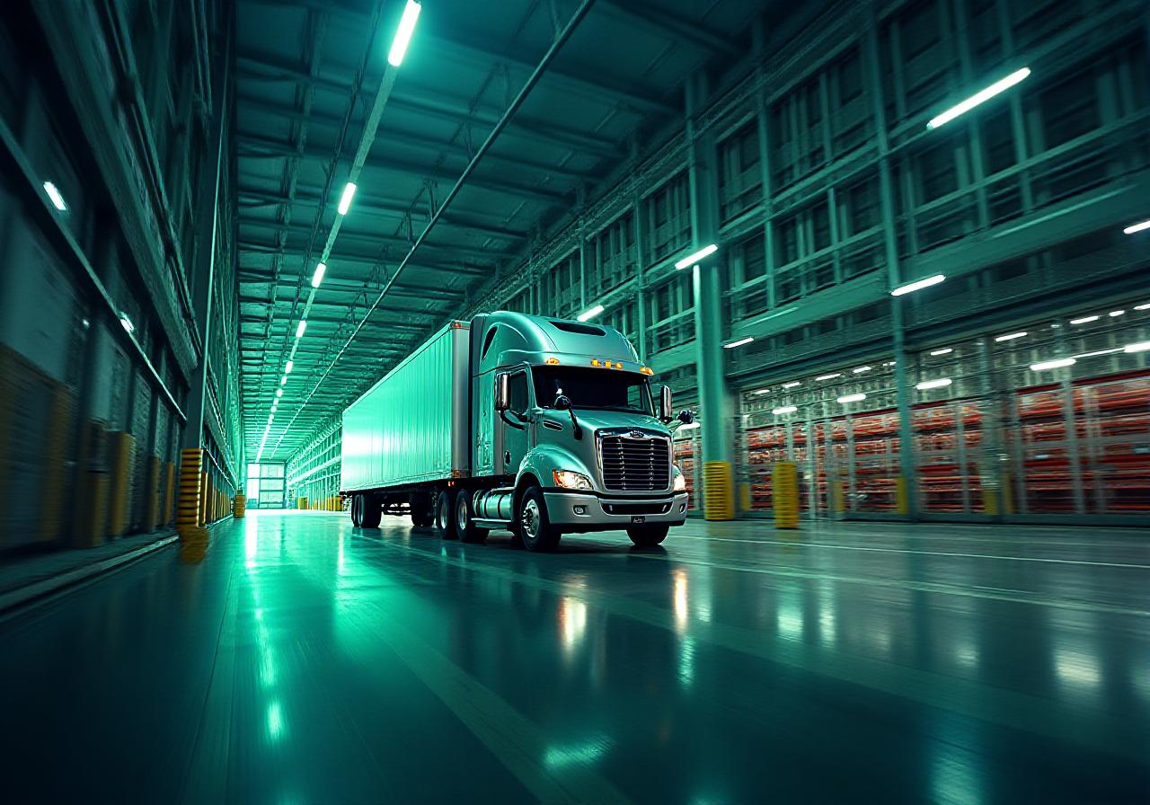 Modern freight truck arrival at a high-tech illuminated warehouse in Georgia